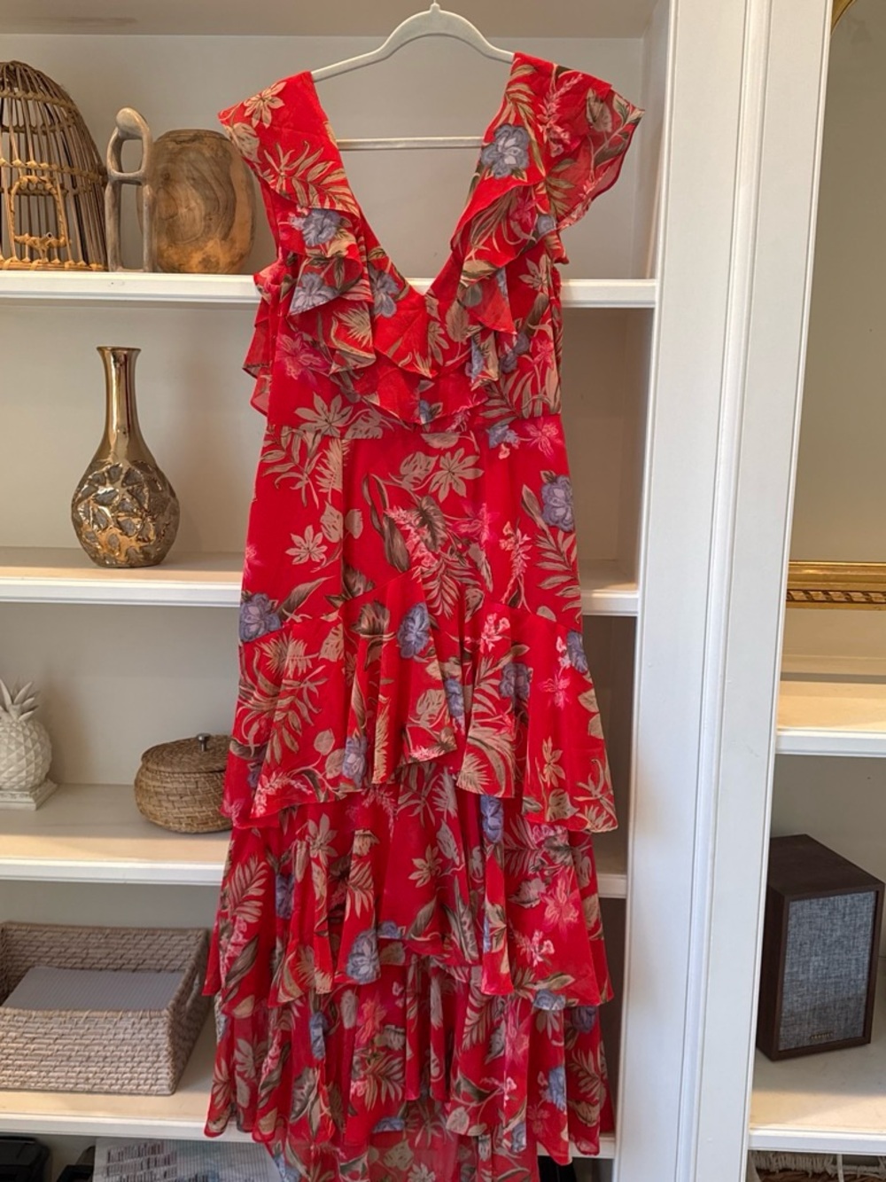 Wayf Red Floral Ruffle High-Low Maxi Dress